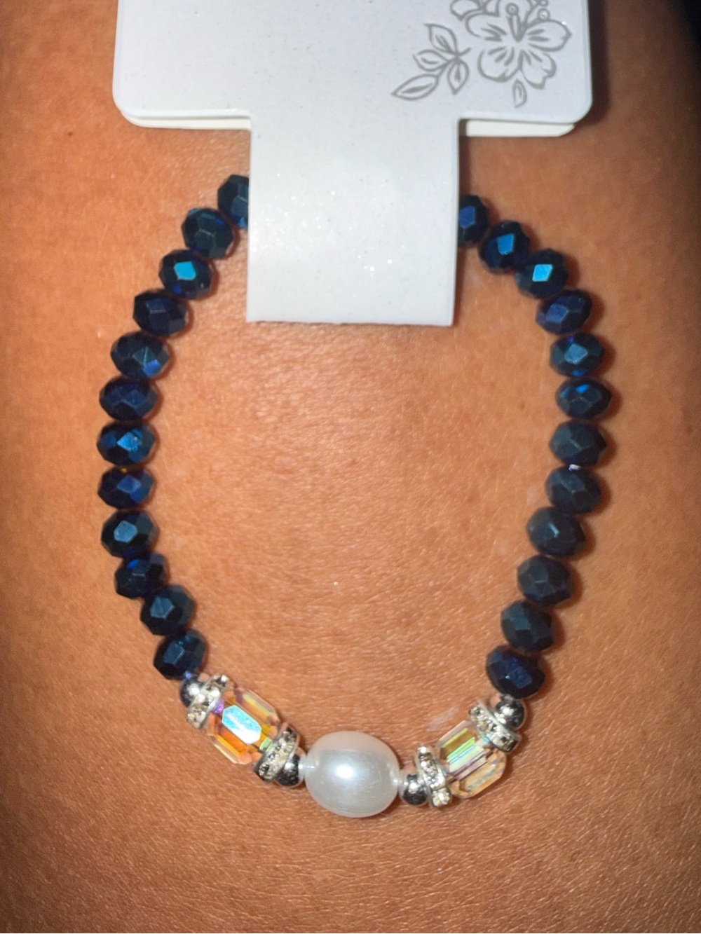 Ella Iridescent Crystal, Navy & Pearl Stretch Bracelet